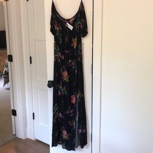 Maxi off the shoulder dark floral dress.